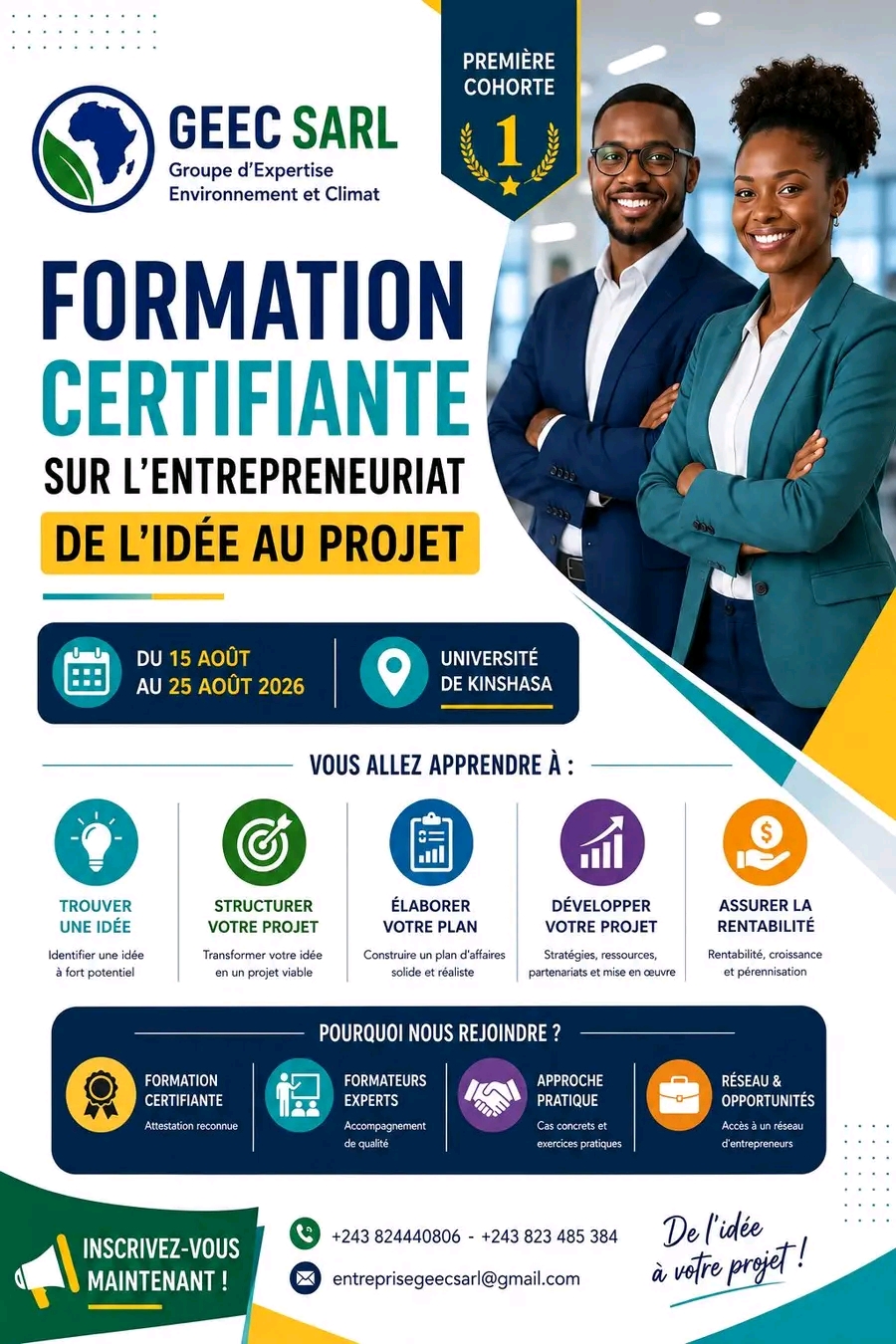 GEEC SARL lance une formation certifiante gratuite en entrepreneuriat à l’Université de Kinshasa