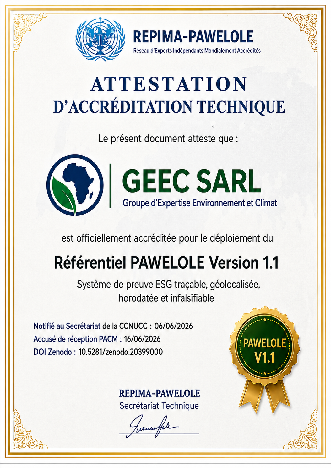 GEEC SARL obtient la Certification Technique REPIMA-PAWELOLE V1.1 : une avancée majeure pour la conformité ESG et les marchés carbone
